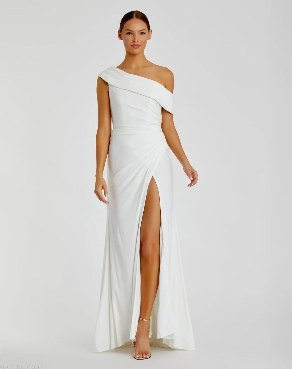 IEENA for Mac Duggal 26517 Dress Foldover Off The Shoulder Slit Gown White NWT 6